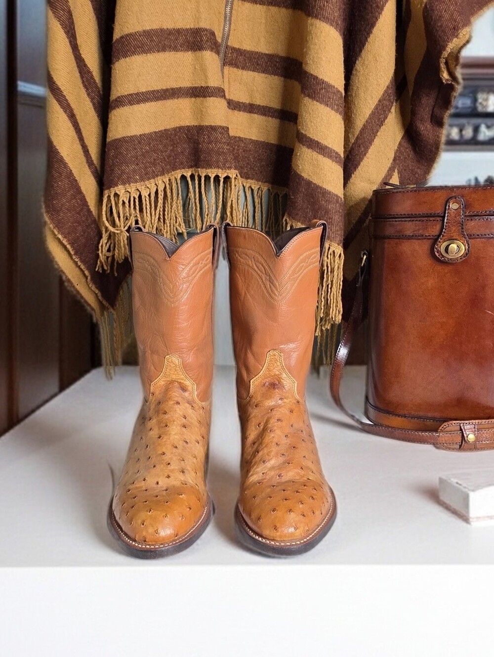 Justin Vintage Full Quill Ostrich Roper Cowboy Boots Cognac Men's 10 D USA Made